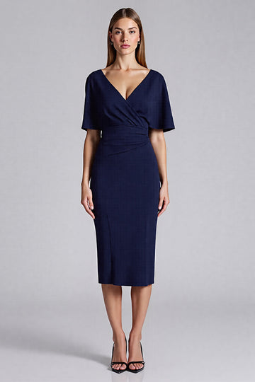 Navy V-Neck Satin Bodycon Ruffled Midi Formal Dress